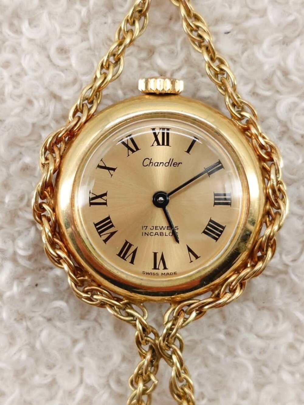 Chandler Mechanical Pendant Necklace Watch 17 Jewels Incabloc Vintage Swiss 70cm